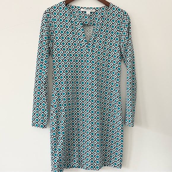 Diane von Furstenberg Diamond Print Sheath Dress Green White Black Cotton Silk 2 - Picture 2 of 9